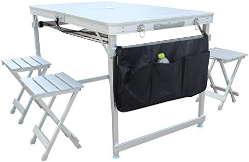 Sports God Pure Aluminum Portable Folding Picnic Table w/ 4 Seats, Storage Net and Carrying Case (Silver, 100% Aluminum)