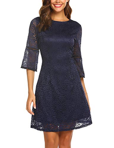 Zeagoo Homecoming Semi Formall Dress Women 3/4 Flare Sleeve Floral Lace Prom Dress Mini Cocktail 