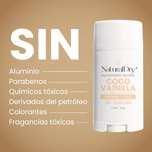 NaturalDry Desodorante Natural que SÍ FUNCIONA | Delicioso aroma Coco Vainilla | Sin Aluminio | Sin Parabenos | Desodorante Mujer | No macha la ropa | Protege del mal olor hasta 24 Horas | 50 G (3 Unidades)