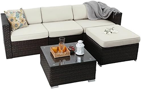 Oakville Luxury Modern 5 Piece Outdoor Patio Garden Furniture Wicker Rattan Sectional Sofa Conversation Set, Brown Wicker, White Cushion