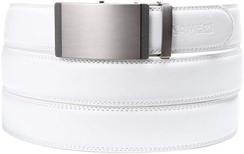 YAMEZI Men's White Leather Contracted Ratchet Dress Belt with Automatic Buckle