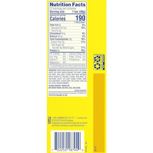 LUNA BAR – LEMONZEST FLAVOR – GLUTEN FREE SNACK BARS – NON-GMO – PROTEIN BARS – MADE WITH ORGANIC OATS – VALUE PACK (12 PACK)