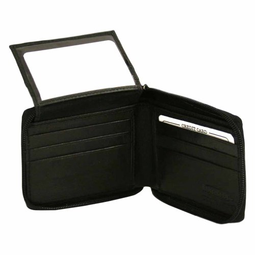 Black Leather Mens Zippered Bifold Wallet