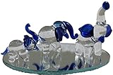 Flame Art Glass Hand Blown Glass Elephant Family Figurines with Beveled Display Mirror, Blue