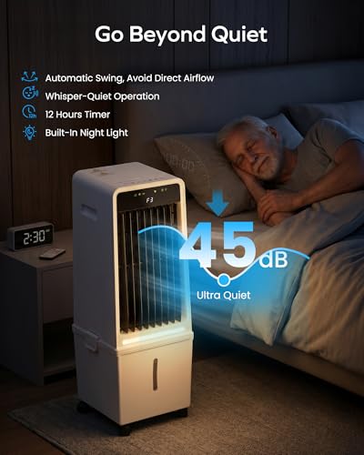 Air Choice Swamp Cooler, 30" Windowless Portable Air Conditioners with 3.7Gal Water Tank, 2 Ice Packs, Oscillation, 3 Speeds/Modes, 12H Timer, Night Light, Portable Swamp Cooler for Bedroom Office