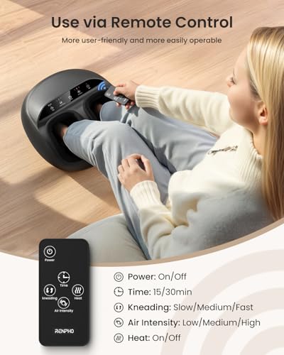 RENPHO Foot Massager with Heat, Shiatsu Foot Massage Machine with Remote | Electric Massager for Tired Feet, Remote Control, 3 Compression Levels, 3 Kneading Levels, 3 Heat Levels, Fits up to Size 13