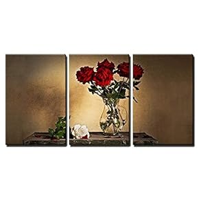 3 Piece Canvas Wall Art - Beautiful Still Life with Jug and White and Red Roses - Modern Home Art Stretched and Framed Ready to Hang - 16"x24"x3 Panels