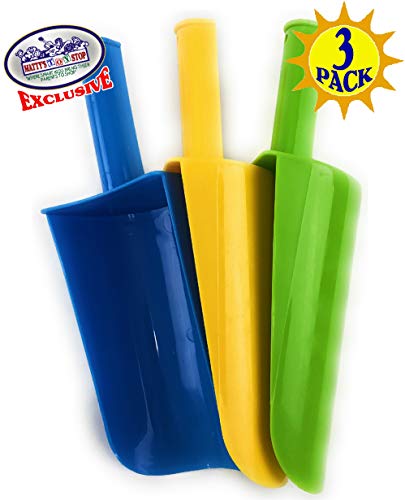 Matty's Toy Stop 9" Kids Short Handle Sand Scoop Plastic Shovels for Sand & Beach (Yellow, Blue & Green) Gift Set Bundle - 3 Pack