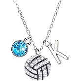 Girls Volleyball Necklace, Personalized Rhinestone Volleyball Charm Necklace with Birthstone and Letter Charm, Volleyball Gifts for Volleyball Players