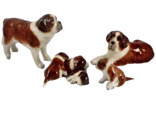 Miniature Figurine Ceramic Animal Statue Family Dog St. Bernard 6 pcs./Set