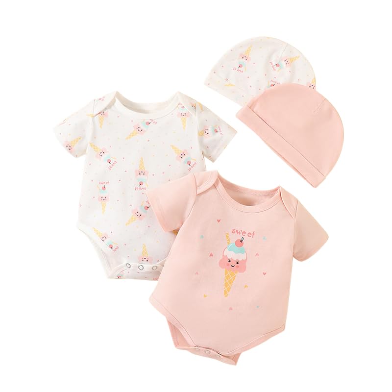 Photo 1 of DEMAVIE Baby Girls' 0-12 Months 4-Piece (Short Sleeve) Bodysuits Set (ice cream/white/pink, 0-1M)
