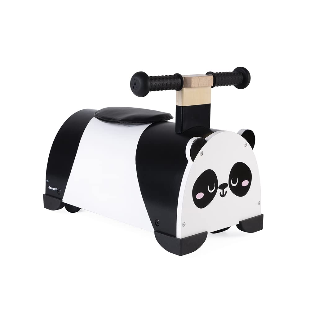 Janod - Wooden Ride-On Panda - 360° steering - Develops Balance - Storage box included- Suitable for children from the age of 1 - J08052