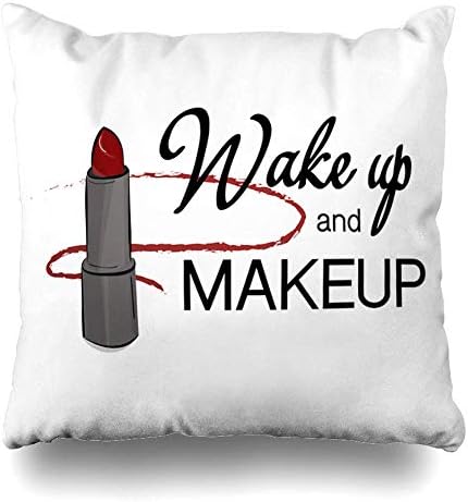 Zadanly Throw Pillow Covers Makeup_Wake_Feminine_Up_Lipstick_Text_Red_Creative_Girls_Party_Slogan_Pink_Care_Design Home Decor Pillow Case Square Size 18 x 18 Inches Pillowcase