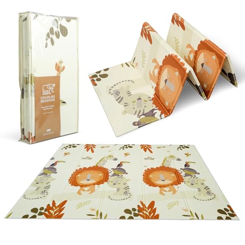 CHILDLIKE BEHAVIOR Baby Play Mat - 77 x 58-Inch Reversible Tummy Time Mat for Infants and Toddlers - Foldable EVA Foam Play Mat for Floor - Portable and Easy to Clean Crawling Mat - Safari