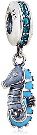 Charmstar Dangle Tropical Seahorse Charm with Blue Zircon Austrian Crystal Sterling Silver Sea Horse Birthstone Pendant Bead for European Bracelets or Necklaces Making