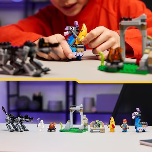Fortnite Das Lager von Schali und der Zündkerzenkünstlerin Gaming Spielzeug - Vorratslama und Wolf - 3 Minifiguren & Lagerfeuer - Gamer Geschenk für Jungen, Mädchen und Fans ab 7 Jahren - 77075