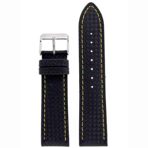 Watch Band Carbon Fiber Black Yellow Stitching Water Resistant 24 millimeter