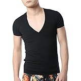 Zbrandy Men's Deep V Neck T Shirts Tight Tee Shirts Stepped Hem Colour Black Size XXL