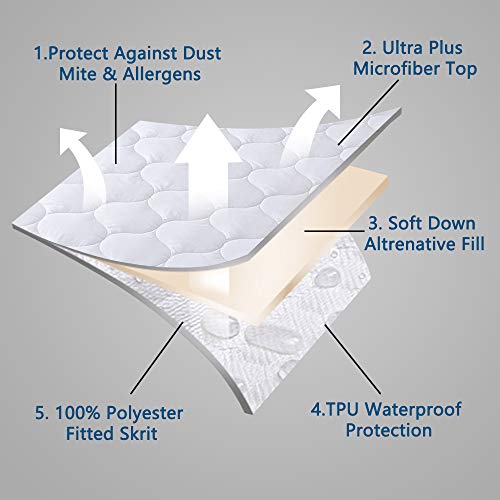 DOWNCOOL Waterproof Mattress Pad Cover - Breathable Soft Top Down Alternative Filling Quilted Fitted Protector Stretches up s to 8''-21'' Deep Pocket (Full 54x75 Inch)