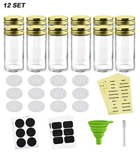 Nellam French Round Glass Spice Jars - Set of 12 with Shaker Lids and Chalkboard Sticker Labels, Small 4oz Bottles - Stackable Herbs and Spices Containers - Decorative Organizers in Gold
