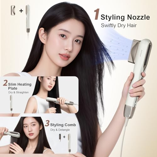 Airbot Hyperstrait 3in1 Hair Straightener&Dryer&Brush, 100 Million Plasma Care Comb & Dry & Straighten, For Beautiful Soft Hair, Fast Heating&4 Temp Settings, Smart Power Off, HD218, Gold