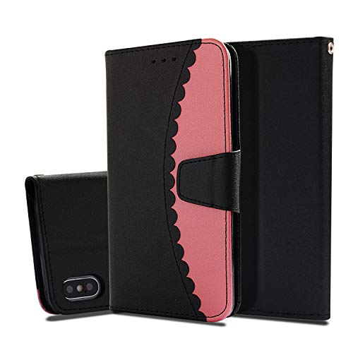 (for iPhone Xs Max) Flip Wallet Case Cover and 360 Degree Full Body Protective Bumper Cover, Premium Protect Material - Black-Pink