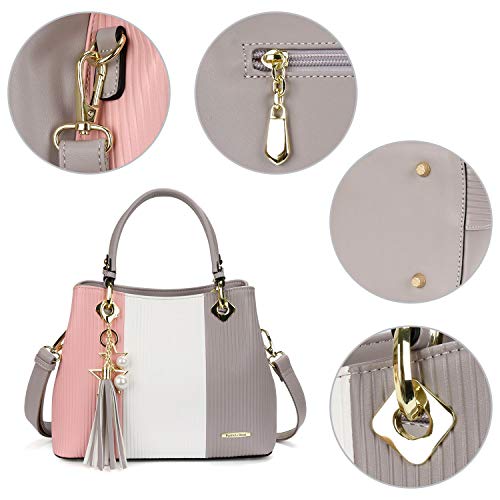 Pomelo-Best-Damen-Handtasche-Mehrfarbig-gestreift-Umhngetasche-Shopper-Tote-Henkeltasche-Rosa