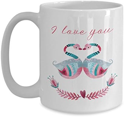 I Love You Coffee Mug - romantic swans heart ceramic tea cup gifts for men women boyfriend girlfriend white (15 oz.)