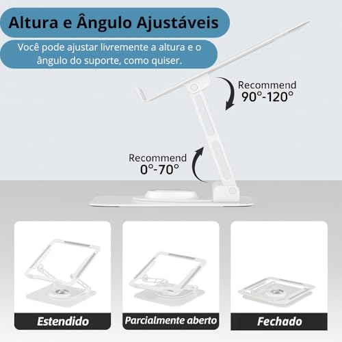 Suporte para Notebook e Laptop de até 17" MTS, Tablets e Celulares, Aço Carbono, Ajustável, Dobrável, Base Giratória 360° e Aberto para Ventilação, Suporta até 10kgs, Ergonômico Portátil (Branco)