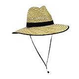 Mens UPF 50 Wide Brim Natural Straw Lifeguard Outback Sun Hat