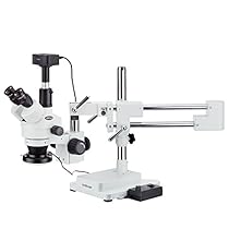 AmScope SM-4TZ-144-5MT Trinocular Stereo Microscope, WF10x Eyepieces, 3.5X-90X Magnification, 0.7X-4.5X Objective Power, 0.5X and 2.0X Barlow Lenses, 144-Bulb Ring-Style LED Light Source, Double-Arm Boom Stand, 110-240V, Includes 5MP Camera and Software