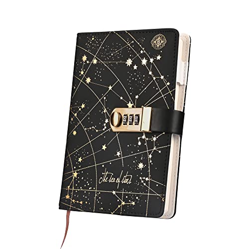 pudcraft 日記 ロック可能 日記 パスワード 管理 ノートブック パーソナル ノートブック ノートブック PU レザー 絶妙 スケジュール セール トラベル A5 ユニバース 145 x 210 x 38mm ブラック