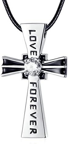 Men Cross Pendant Sterling Silver 2.2 Carats Cubic Zirconia "Faith Hope Love" Necklace Black Leather Rope