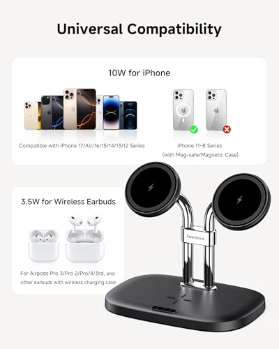 Wireless Charger for iPhone Air/17, SwanScout 706M, Dual Magnetic Charger for iPhone 16/15/14/13/12 Series, Charging Station for AirPods Pro 3/2, AirPods 4/3rd (Black)