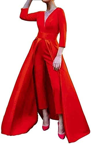 Honeydress Women's A Line Satin Jumpsuits Evening Dresses The Waist Cape is Removable Long Sleeve Prom Gowns Pants