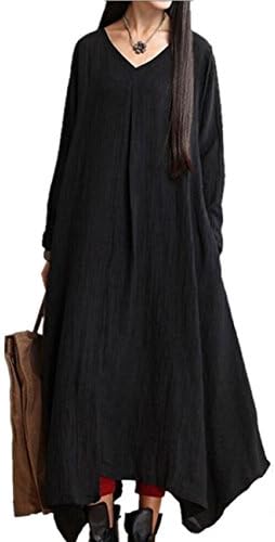 A48 Casual Loose Fit V Neck Cropped Skirt Linen Cotton Women Long Dress Pockets