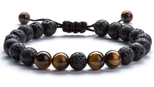 Hamoery Men Women 8mm Lava Rock Aromatherapy Anxiety Essential Oil Diffuser Bracelet Braided Rope Natural Stone Yoga Beads Bracelet Bangle(Tiger Eye)
