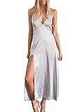 Simplee Apparel Women's V Neck Evening Party Long Satin Cami Slip Dress Pajama