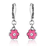 Girls Enamel Flower & Crystal Earrings Rhodium Plated Dangle Earrings Fashion Jewelry for Girls