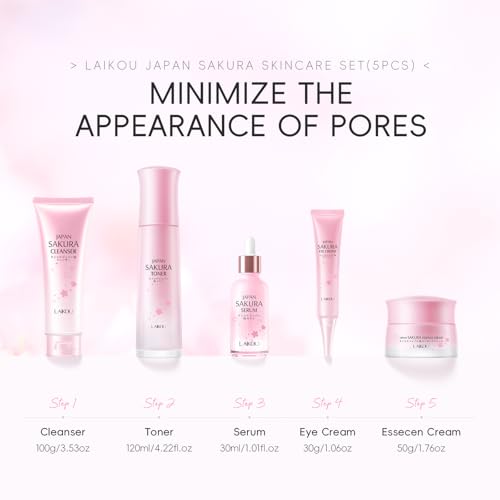 LAIKOU Sakura Skincare Set - 5-Piece Set with Cleanser, Toner, Serum, Eye Cream, and Essence Cream for Hydrating, Smoothing & Even Skin Tone for All Skin Types