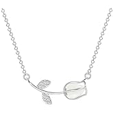 Sterling Silver Leaf Pendant Necklace with Crystal Accents, 17.6 inch Chain