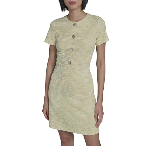 KARL LAGERFELD Paris Women's Short Sleeve Gold Button Up Knit Sheath Mini Dress…