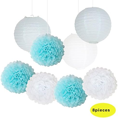 Jesipi Frozen Party Decorations Light Blue Paper Lanterns Pom Poms Party Ideas Wedding Baby Shower Decorations (Pack of 8)