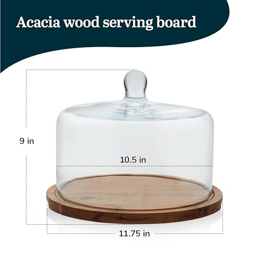 Libbey Acacia Wood Cake Stand with Dome Lid, Ball Top Handle Cake Holder with Lid, Covered Cake Stand, Durable Glass Dome Cover