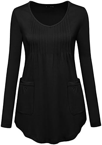 Miurus Pleated Tunic Tops, Womens Solid Black Large Vintage Long Sleeve V Neck Tunic Top Pleated Front Kangaroo Pocket Casual Tunic Shirts Tops
