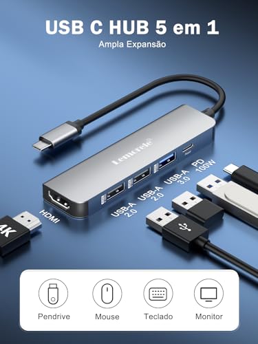 Lemorele USB C Hub com HDMI 4K, PD 100W Carregador Rápido, Adaptador Dock Station 5 em 1 para Notebook com 3 Portas USB 3.0, para MacBook & Windows