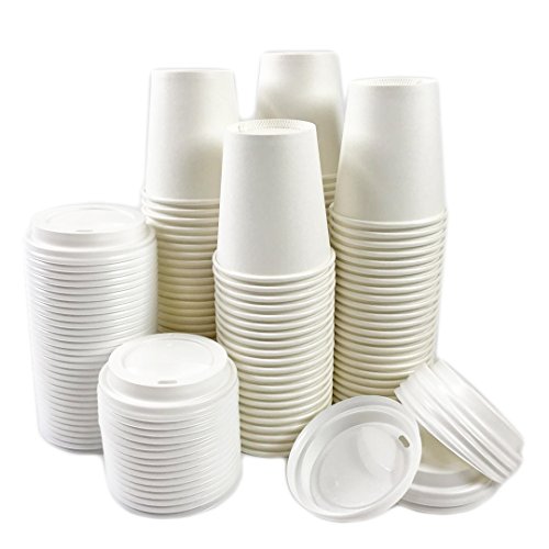 Black Cat Avenue 50 Sets 10 oz Disposable Hot White Paper Cups with Lids For Hot Drinks Coffee Cocoa Chocolate Latte Cappuccino