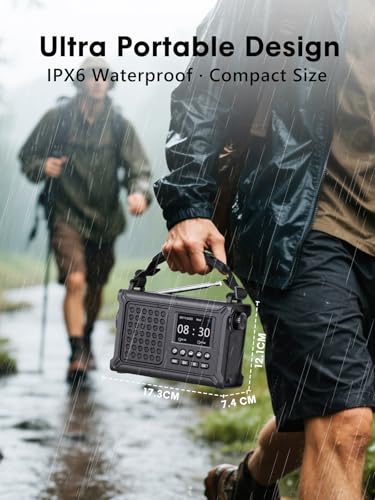 ROCAM Crank Radio DAB+/FM, Portable Emergency Radio 12000 mAh with 8500 mm² Solar Panel & 650 mA Crank, Digital Radio with Bluetooth, 2.4 Inch Colour Display, 80 Transmitters, SOS, LED Torch, USB, IPX6 for Camping