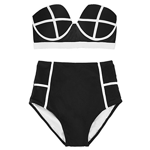 LA PLAGE Women's High Waist Vintage Push Up Padded Swimsuit Size XXL Black - Thumbnail 4