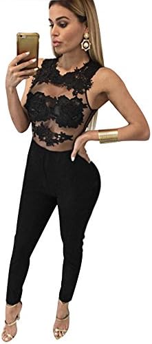 TrendsGal Casual Sleeveless Sexy Bodycon Playsuit Lace Long Jumpsuit(Black L)